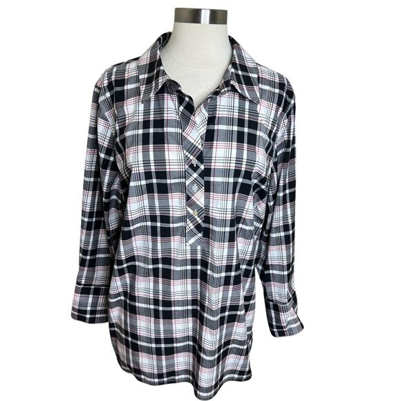 Talbots Wrinkle Resistant Shirt Womens 18W Petite Black White Red Plaid Popover - Picture 1 of 11